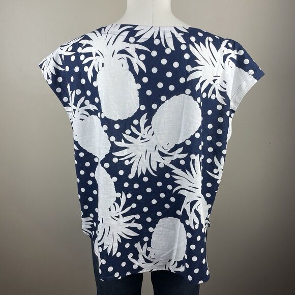 Ann Taylor Womens Petite L Blue White Pineapple Polka Dot Linen Blend Blouse - Picture 5 of 9